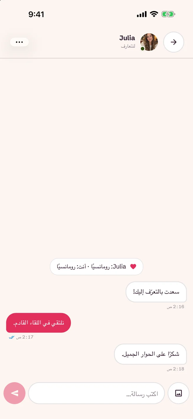 شاشة الدردشة بعد التطابق