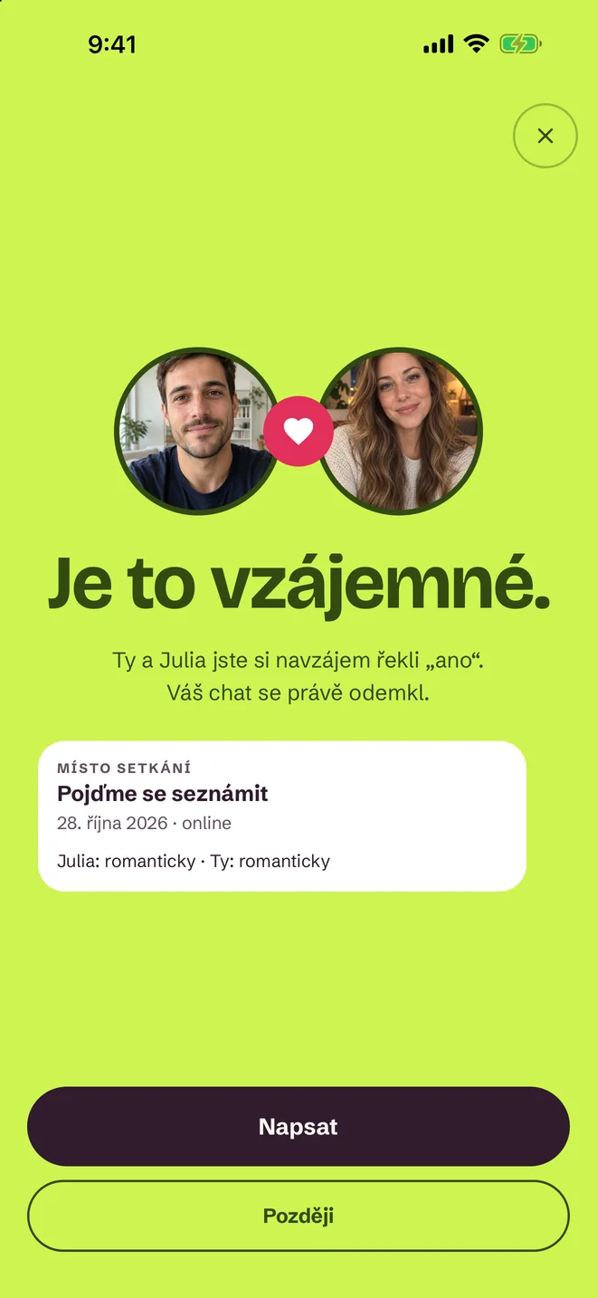 Obrazovka „Máte shodu!“ v aplikaci SprintDate