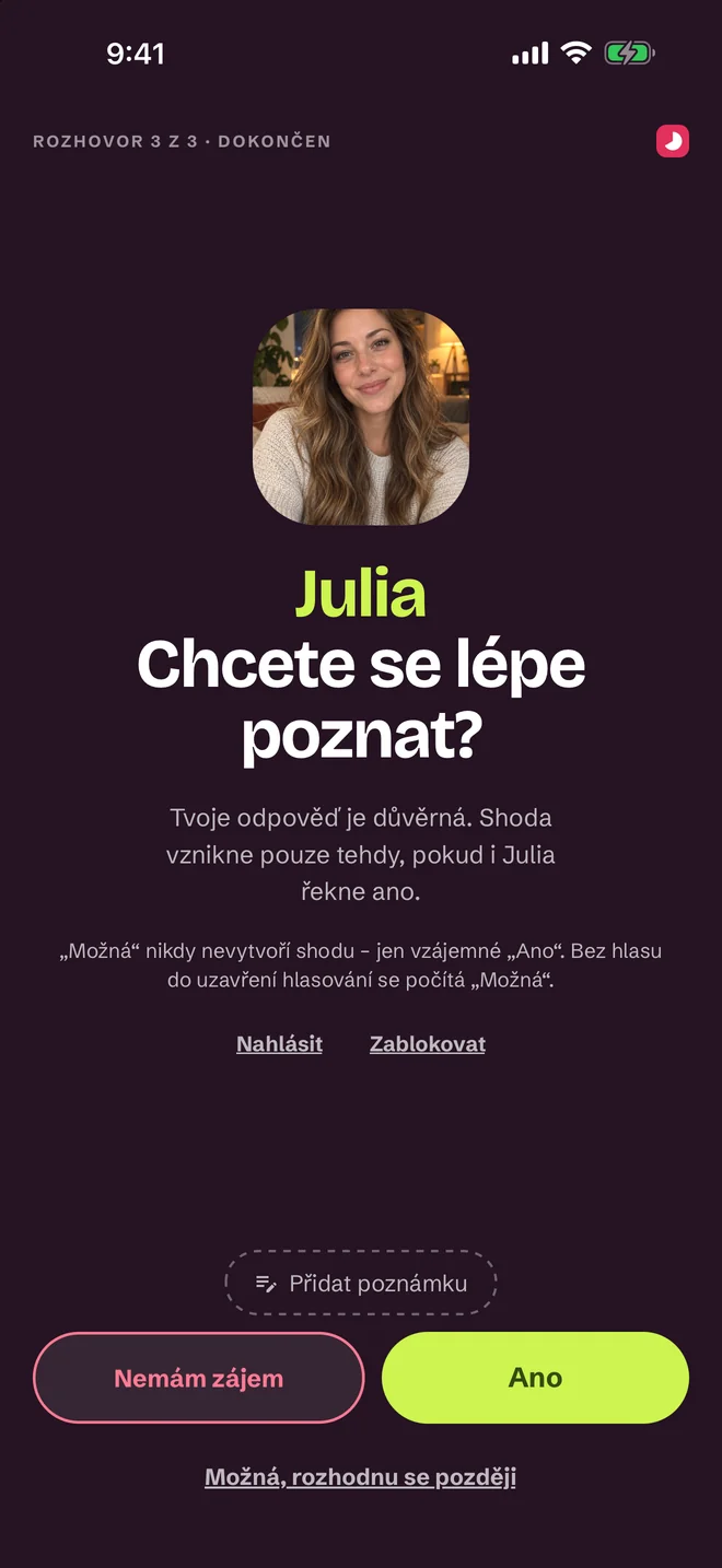 Obrazovka rozhodnutí po rozhovoru — Ano, Možná, Ne
