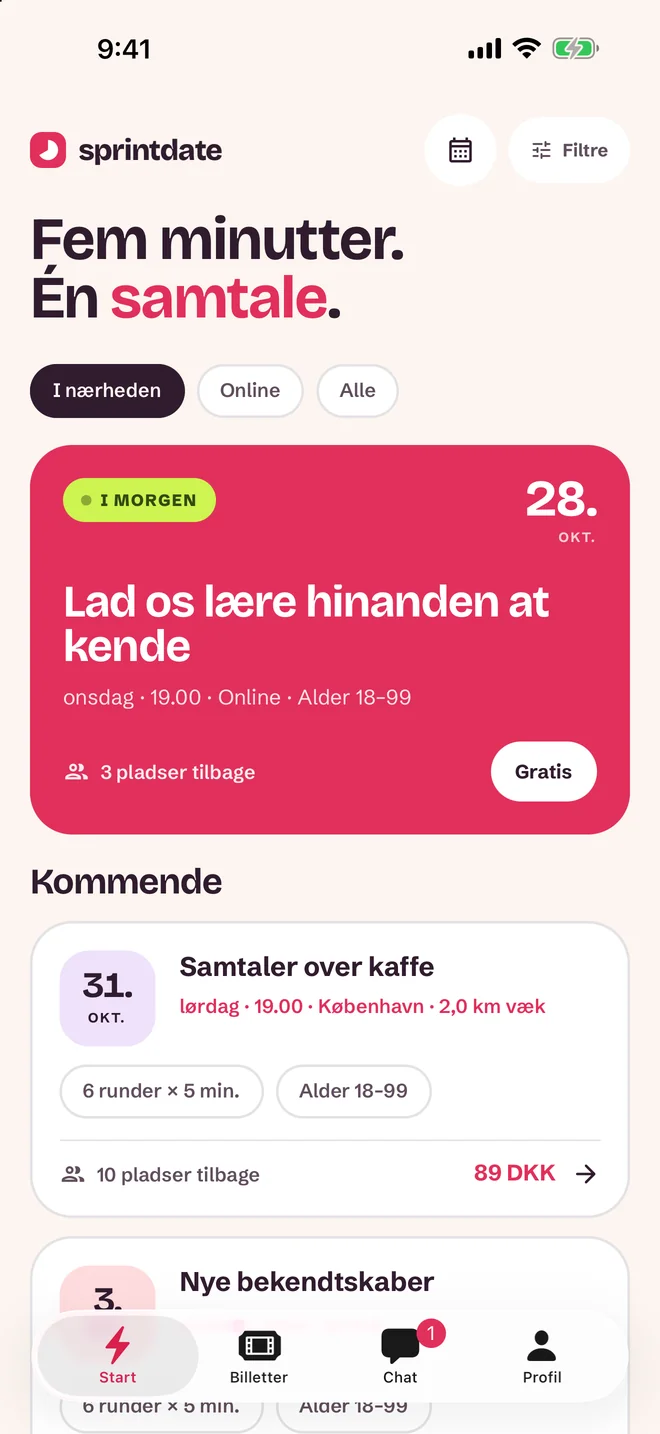 Skærm til valg af arrangement