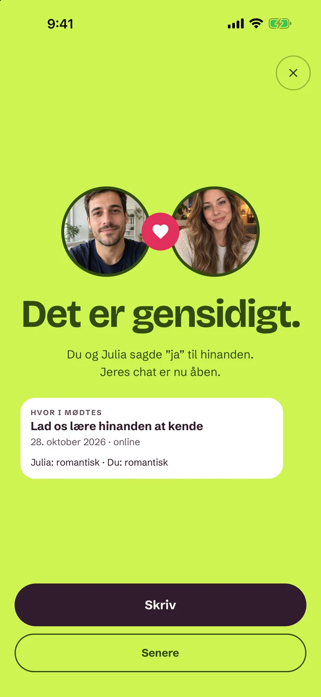 Skærmen »I har et match!« i SprintDate-appen