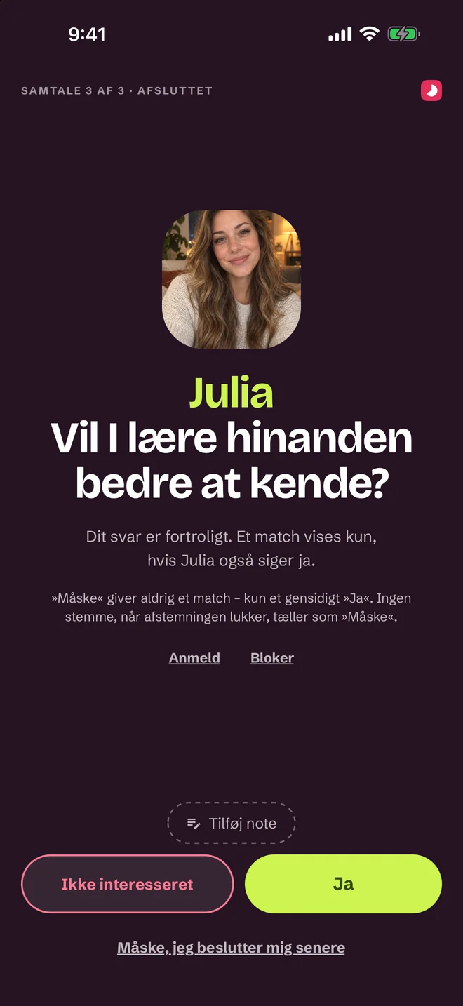 Vurderingsskærm efter samtalen — Ja, Måske, Nej
