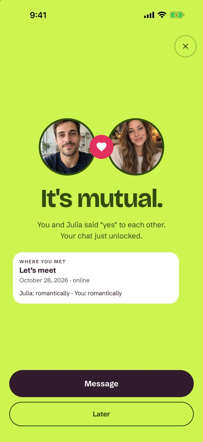 “It's a match!” screen in the SprintDate app