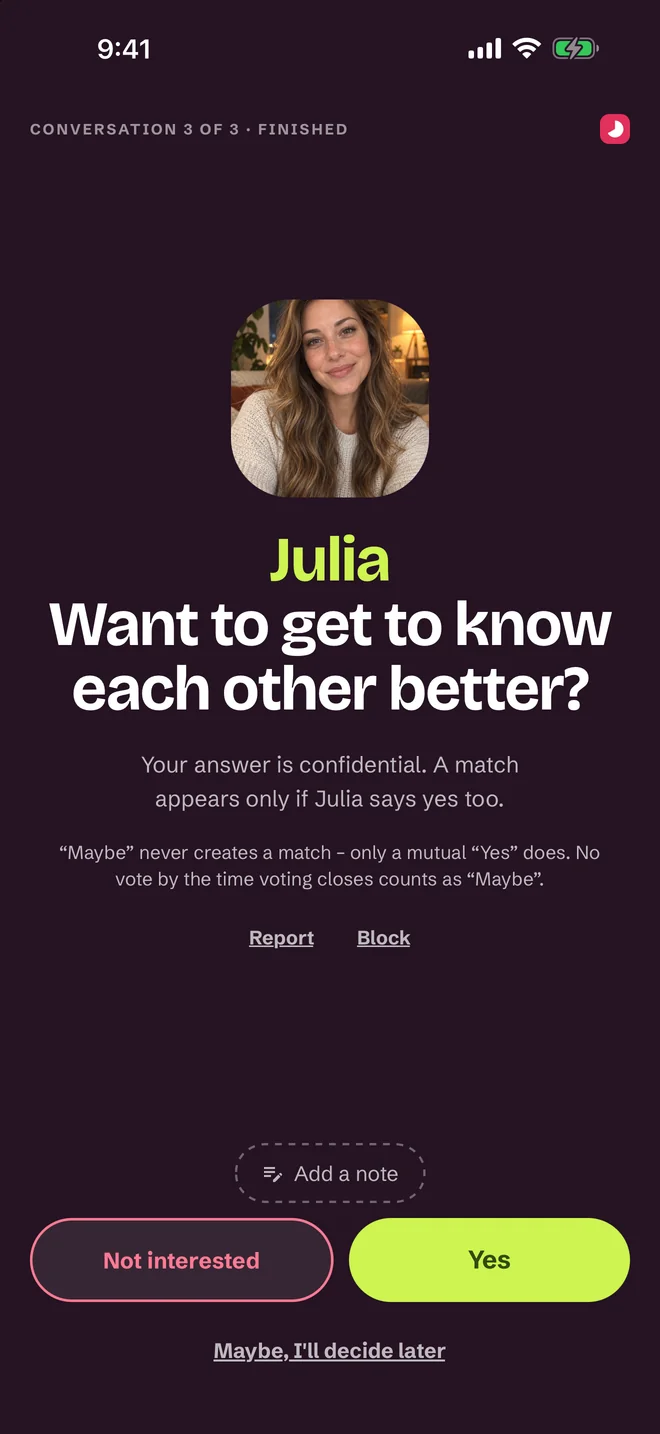 Post-conversation rating screen — Yes, Maybe, No