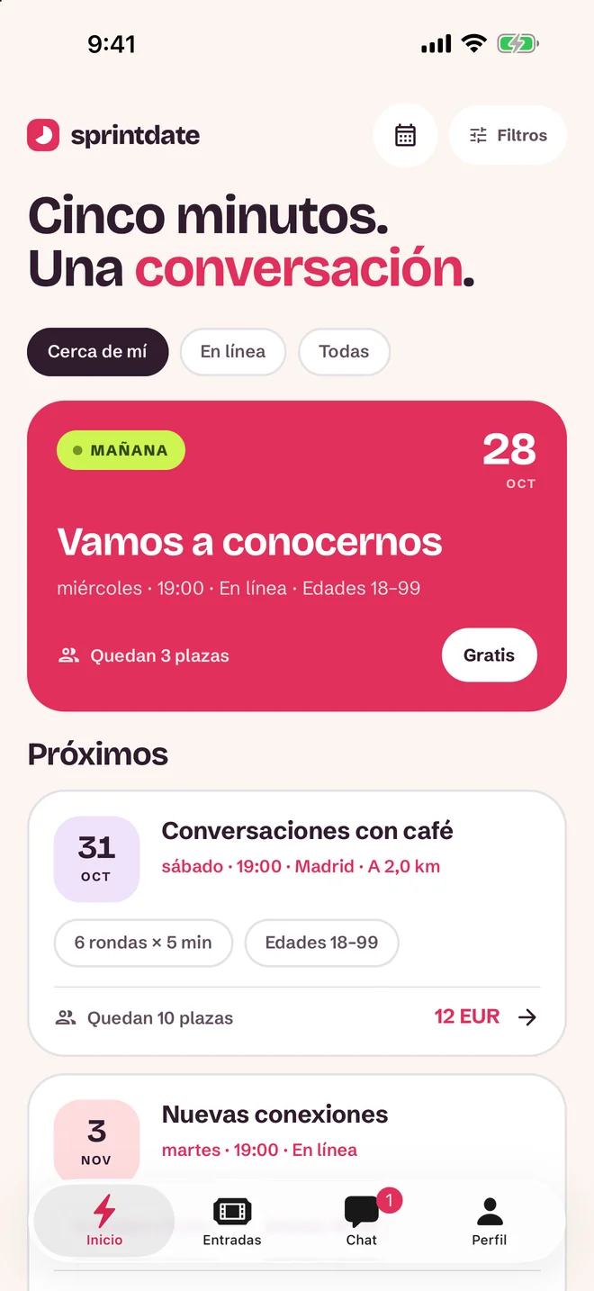 Pantalla de selección de eventos