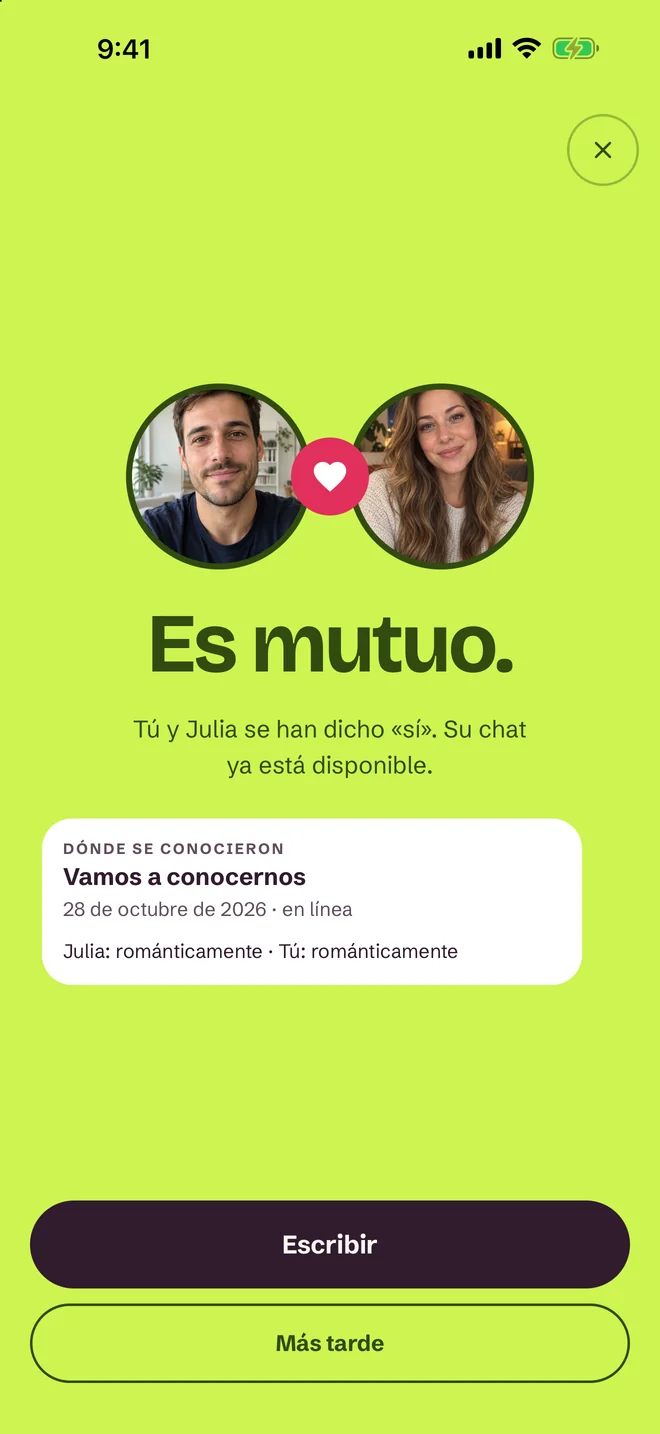 Pantalla «¡Es un match!» en la aplicación SprintDate