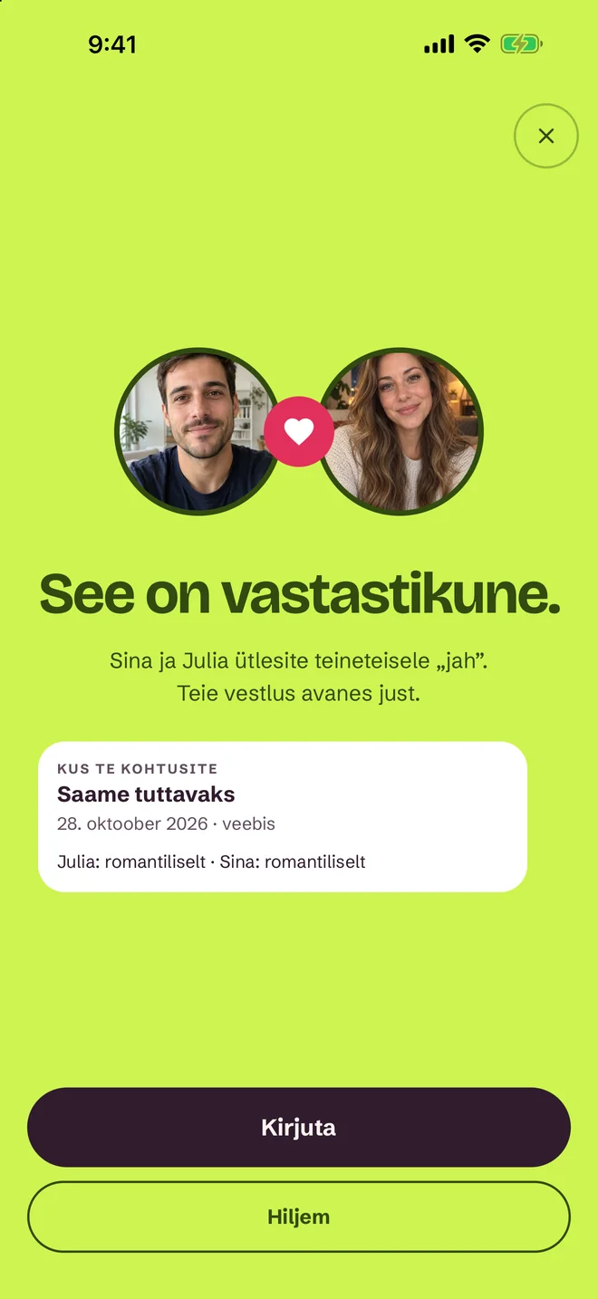 Sobivuse vaade SprintDate'i rakenduses