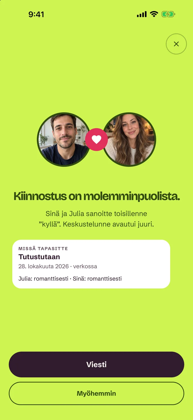Osumanäkymä SprintDate-sovelluksessa