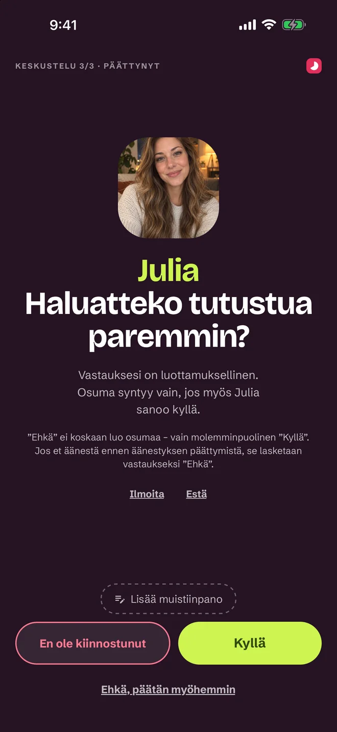 Arviointinäkymä keskustelun jälkeen — Kyllä, Ehkä, Ei