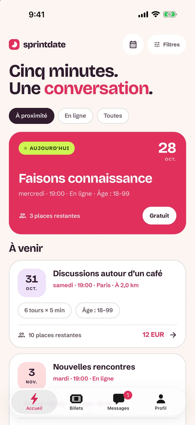 Écran de sélection des événements