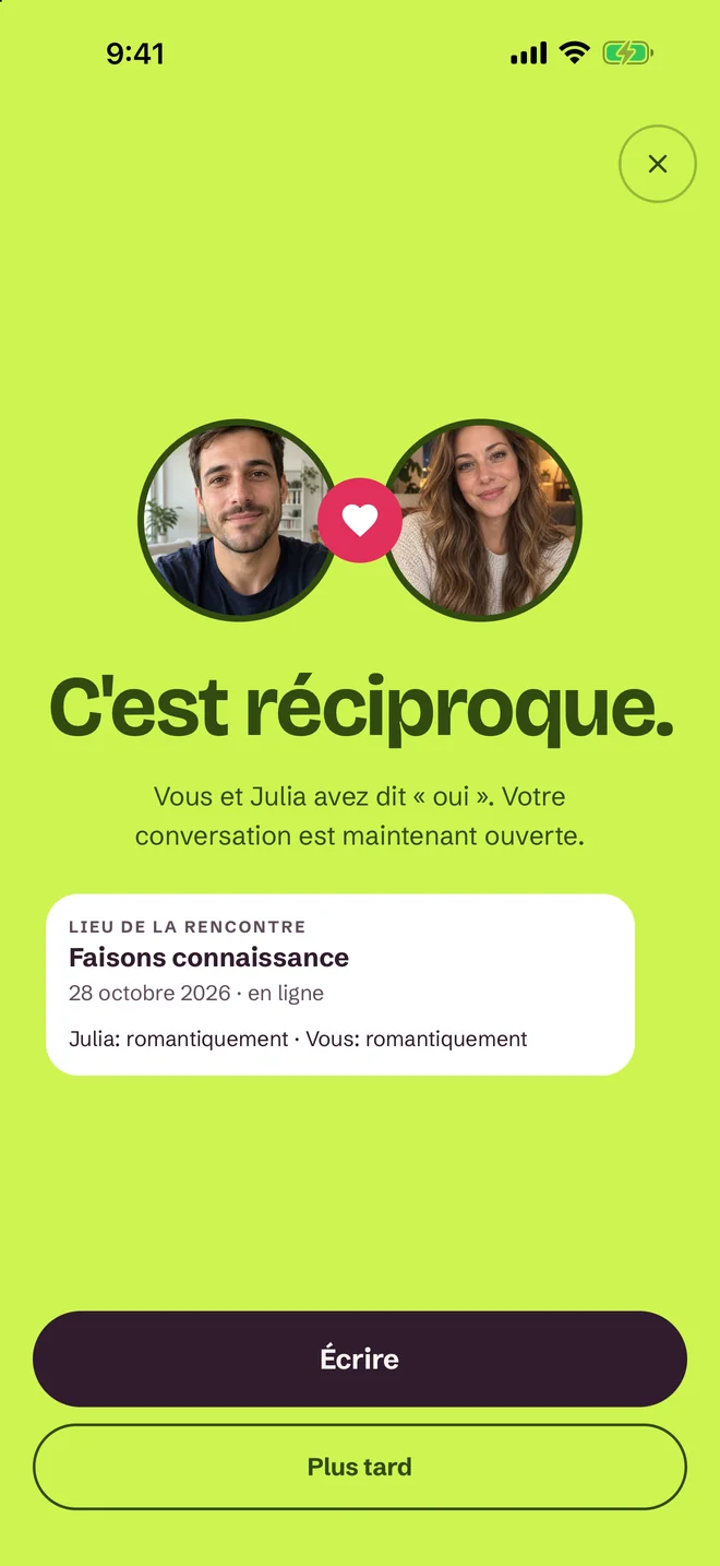 Écran « C'est un match ! » de l'application SprintDate