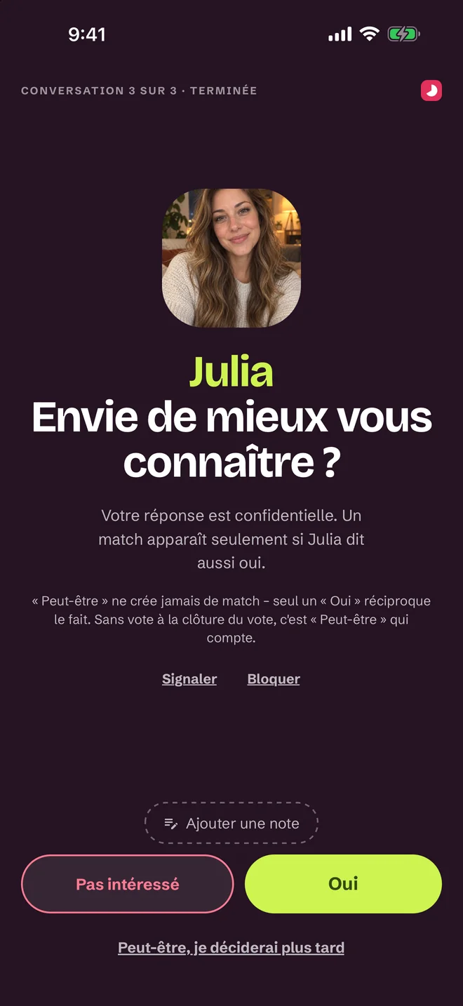 Écran de réponse après la conversation : Oui, Peut-être, Non