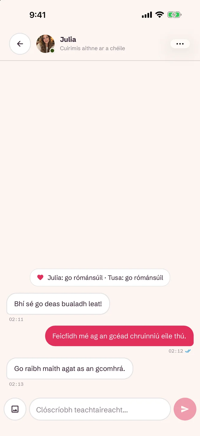 Scáileán comhrá tar éis meaitseála