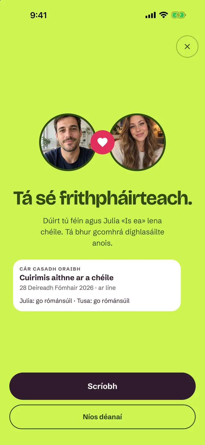 Scáileán “Tá meaitseáil ann!” in aip SprintDate