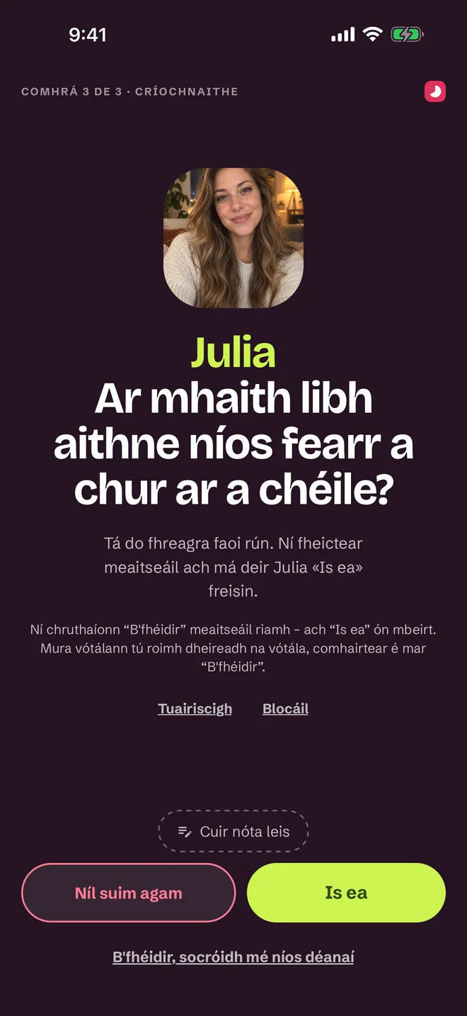 Scáileán rátála tar éis comhrá — Tá, B’fhéidir, Níl
