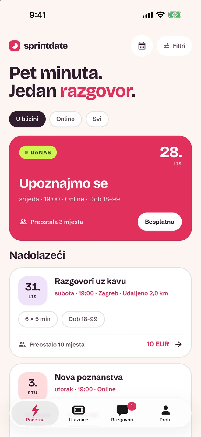 Zaslon odabira događaja