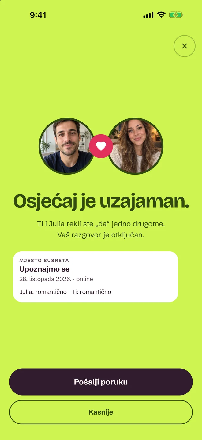 Zaslon „Podudarate se!” u aplikaciji SprintDate