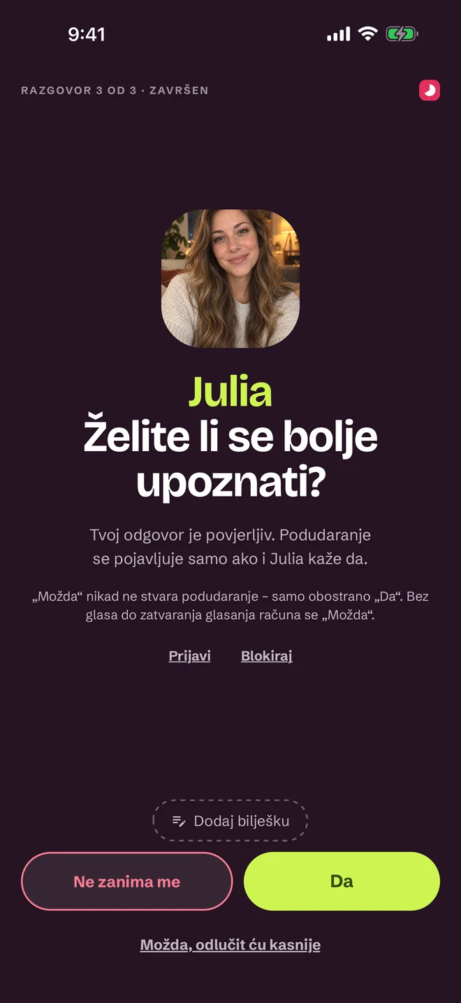 Zaslon odluke nakon razgovora — Da, Možda, Ne