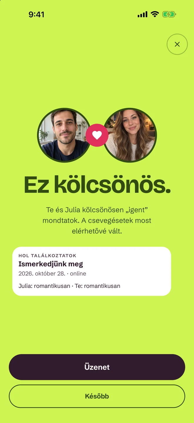 „Pár lettetek!” képernyő a SprintDate alkalmazásban