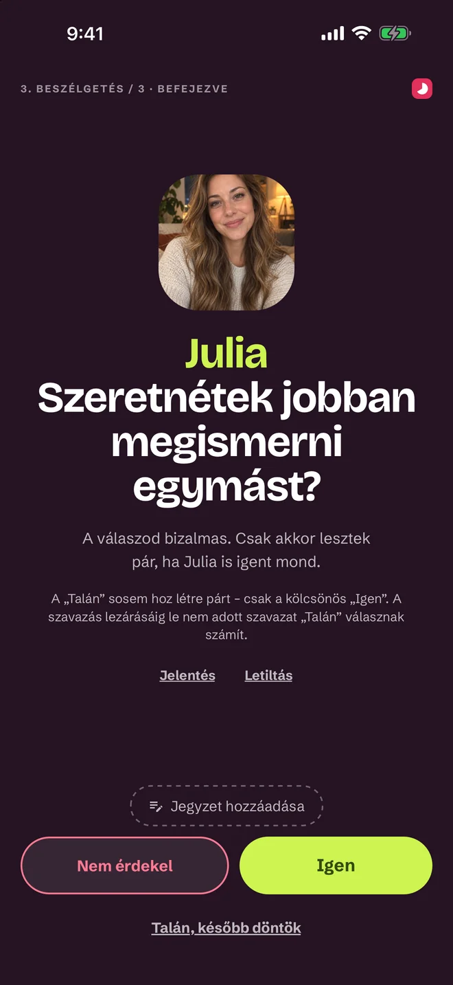 Beszélgetés utáni értékelési képernyő — Igen, Talán, Nem