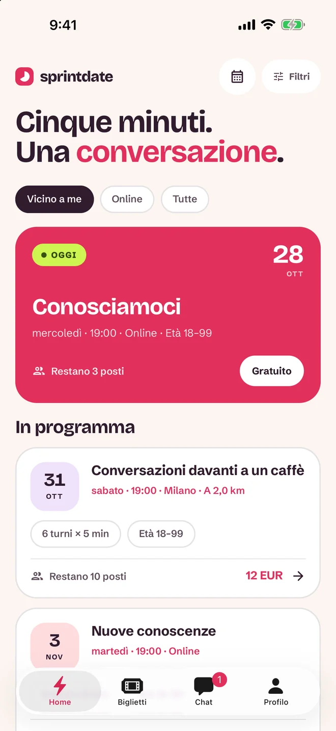 Schermata di selezione degli eventi
