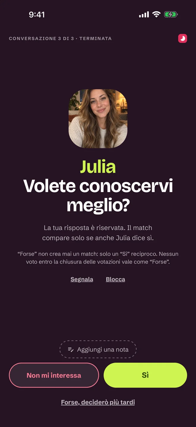 Schermata di valutazione dopo la conversazione: Sì, Forse, No