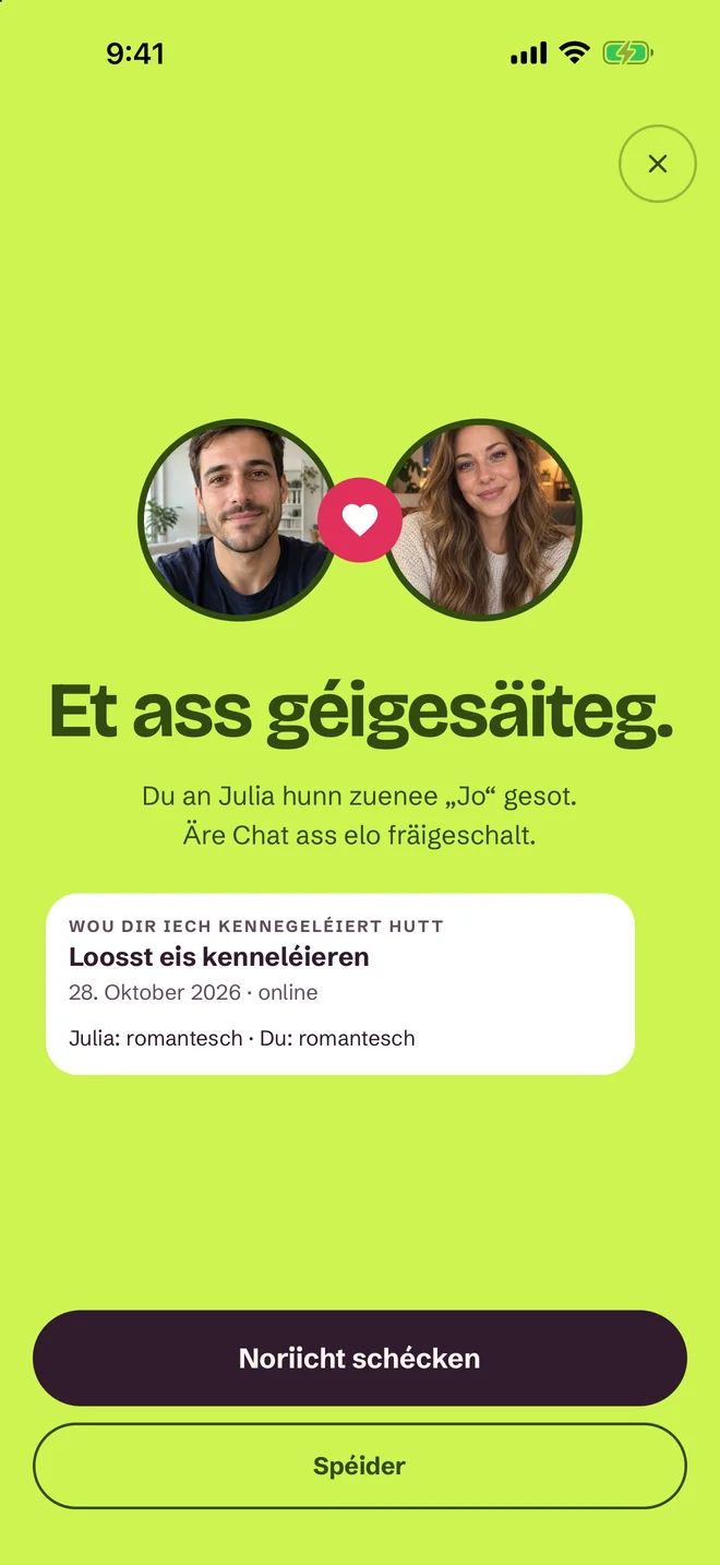 „Et ass e Match!“-Ecran an der SprintDate-App