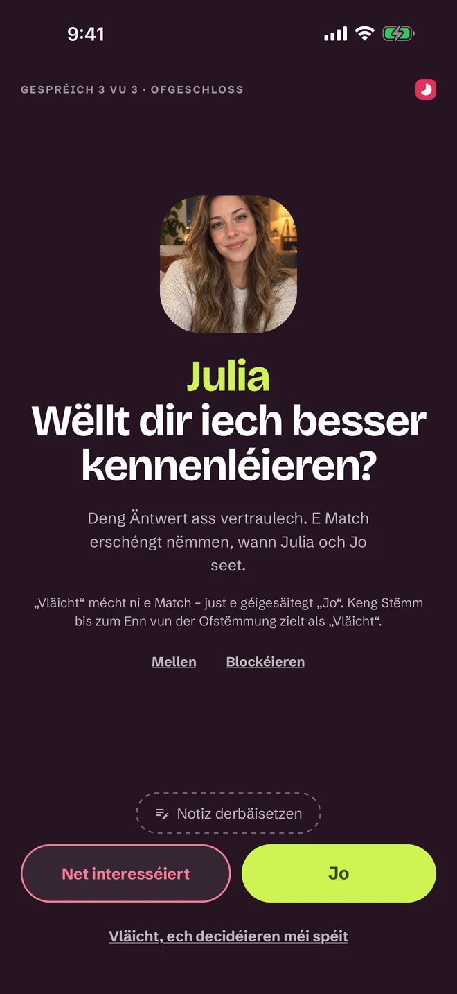 Bewäertungsecran nom Gespréich — Jo, Vläicht, Nee