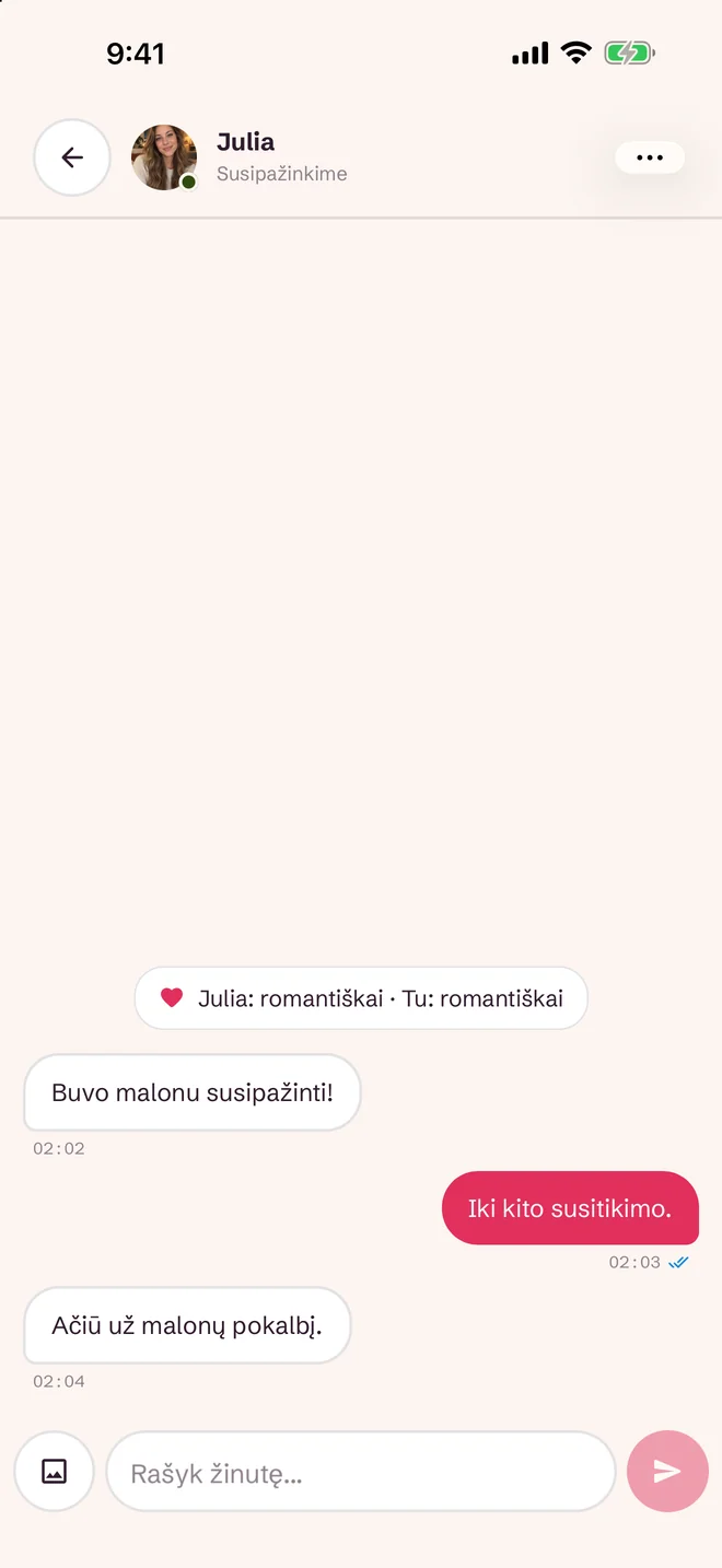 Pokalbių ekranas po poros susidarymo