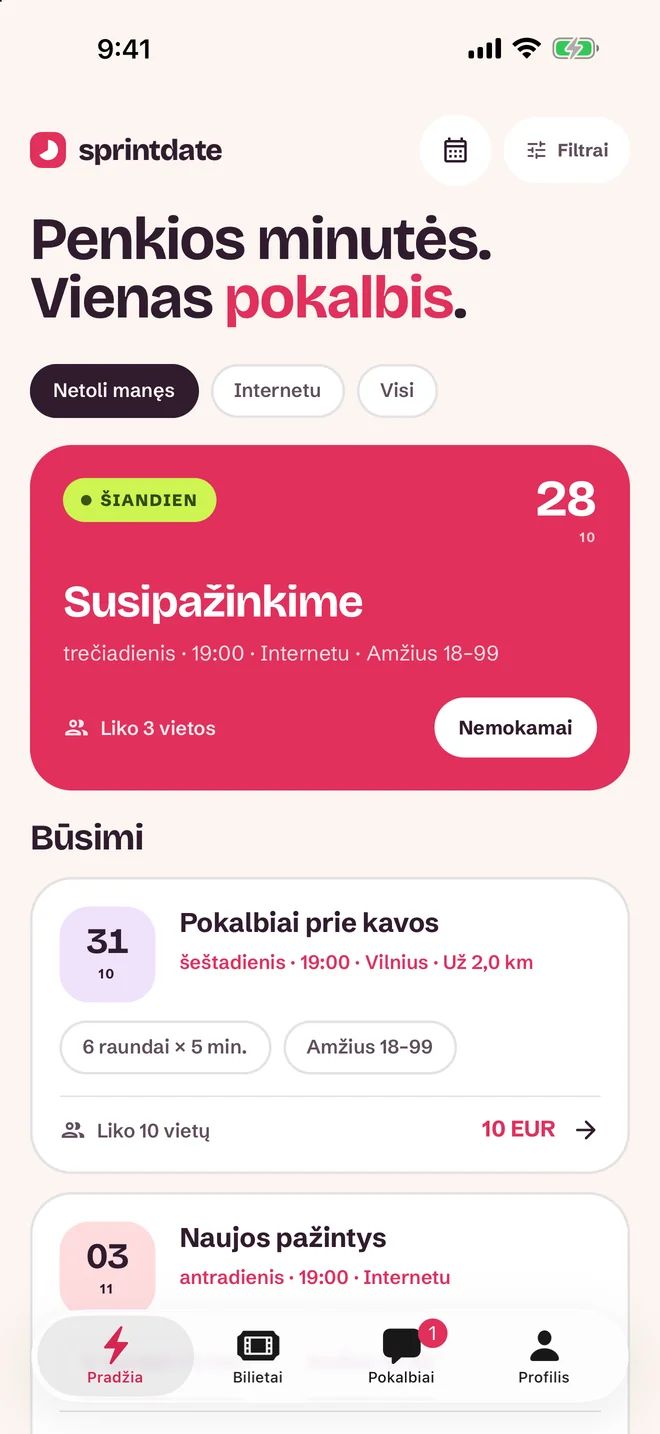 Renginio pasirinkimo ekranas