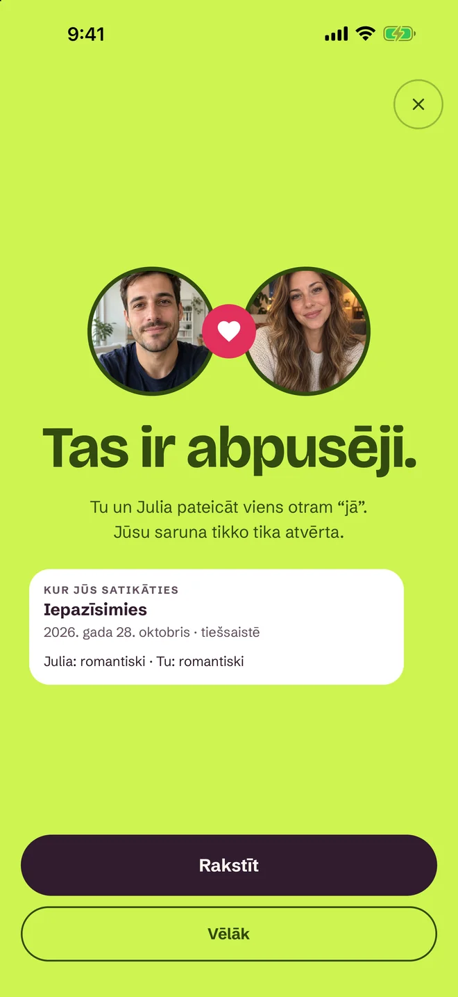 Saderības ekrāns SprintDate lietotnē