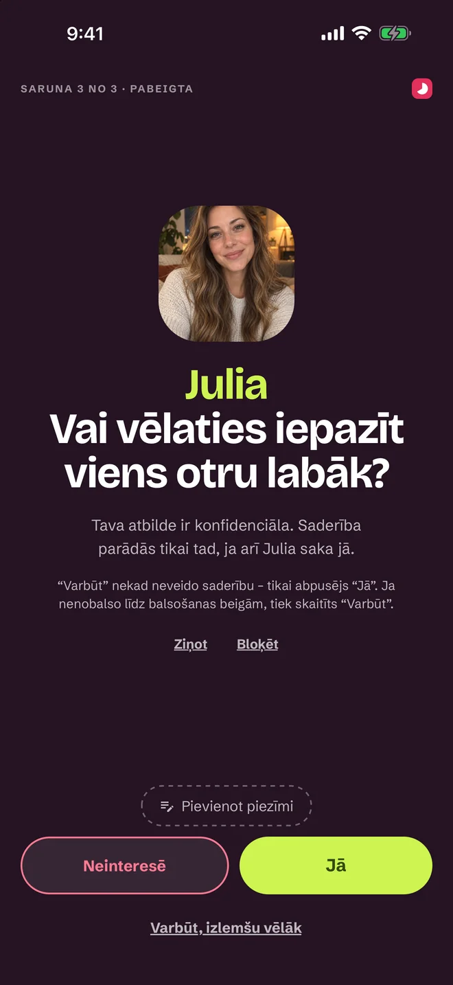 Vērtējuma ekrāns pēc sarunas — Jā, Varbūt, Nē