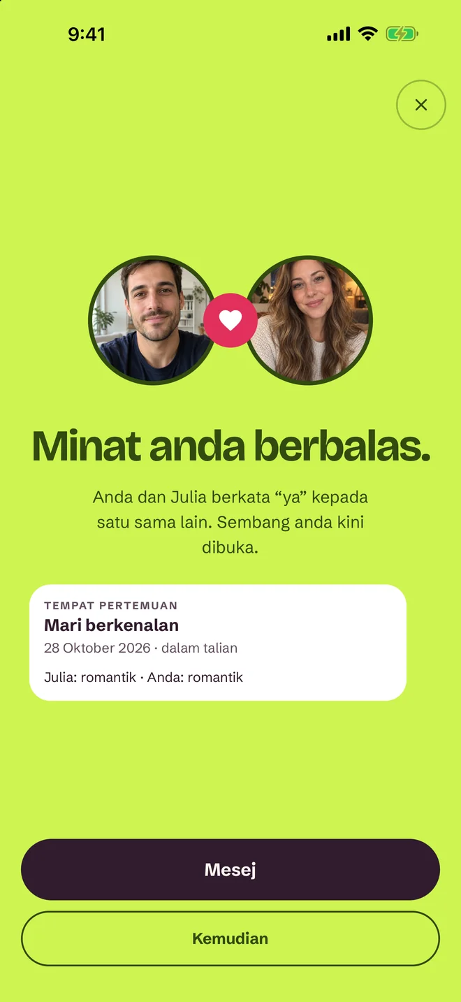 Skrin “Anda sepadan!” dalam aplikasi SprintDate