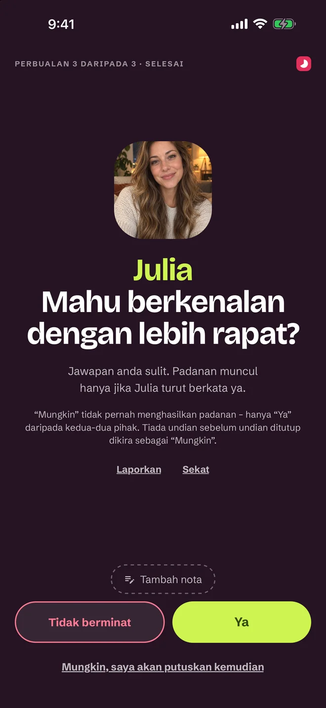 Skrin penilaian selepas perbualan — Ya, Mungkin, Tidak