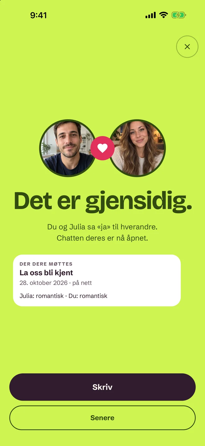 Skjermen «Dere matcher!» i SprintDate-appen