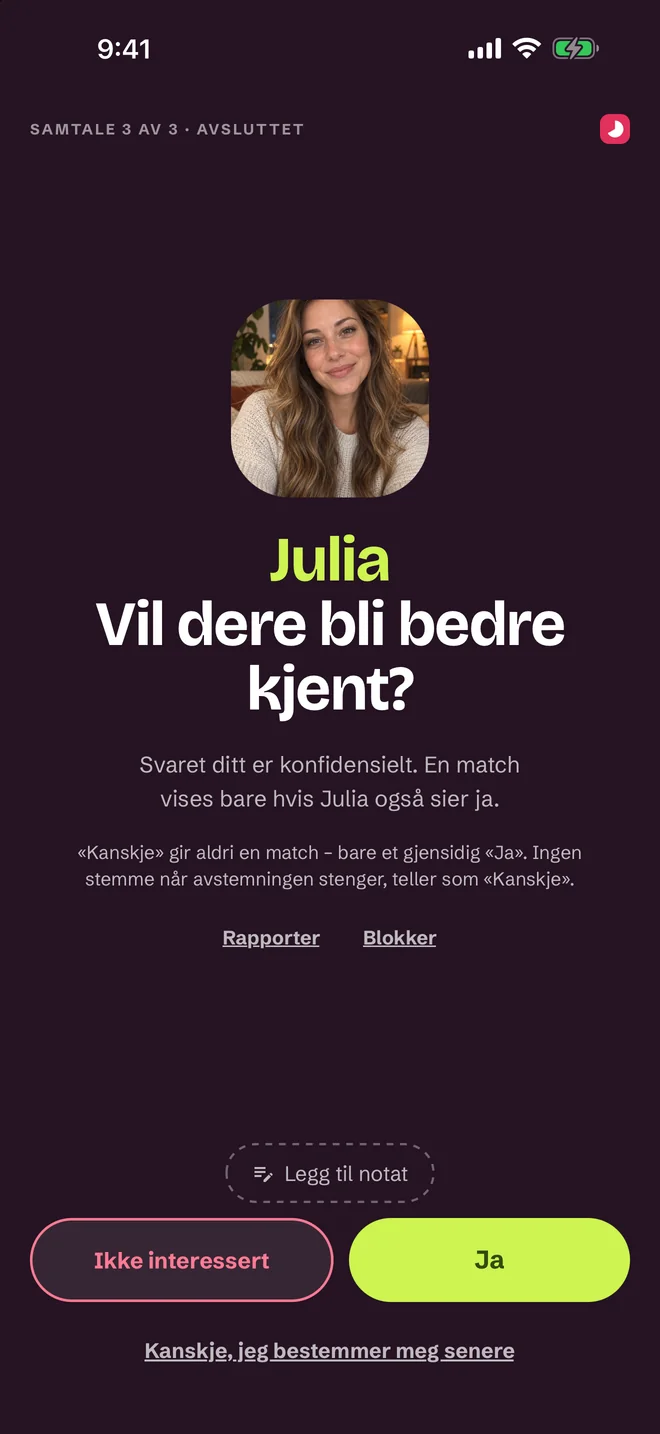 Vurderingsskjerm etter samtalen — Ja, Kanskje, Nei