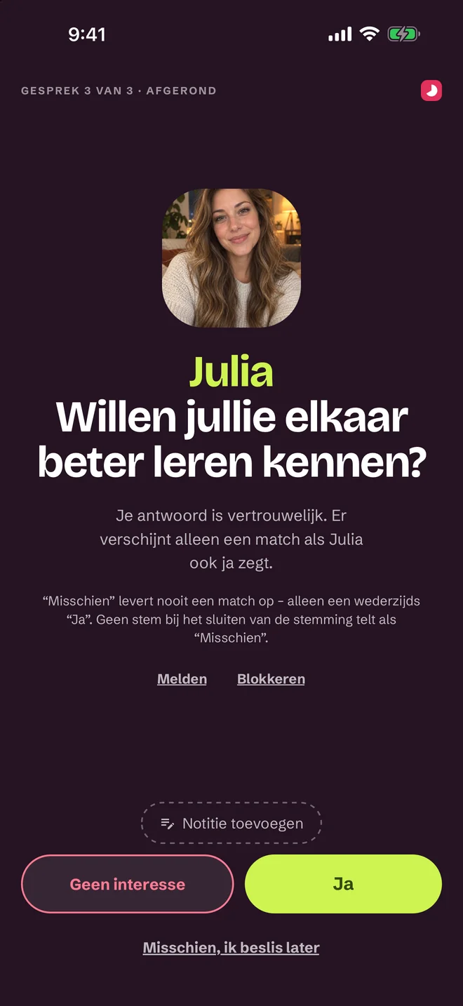 Keuzescherm na een gesprek — Ja, Misschien, Nee