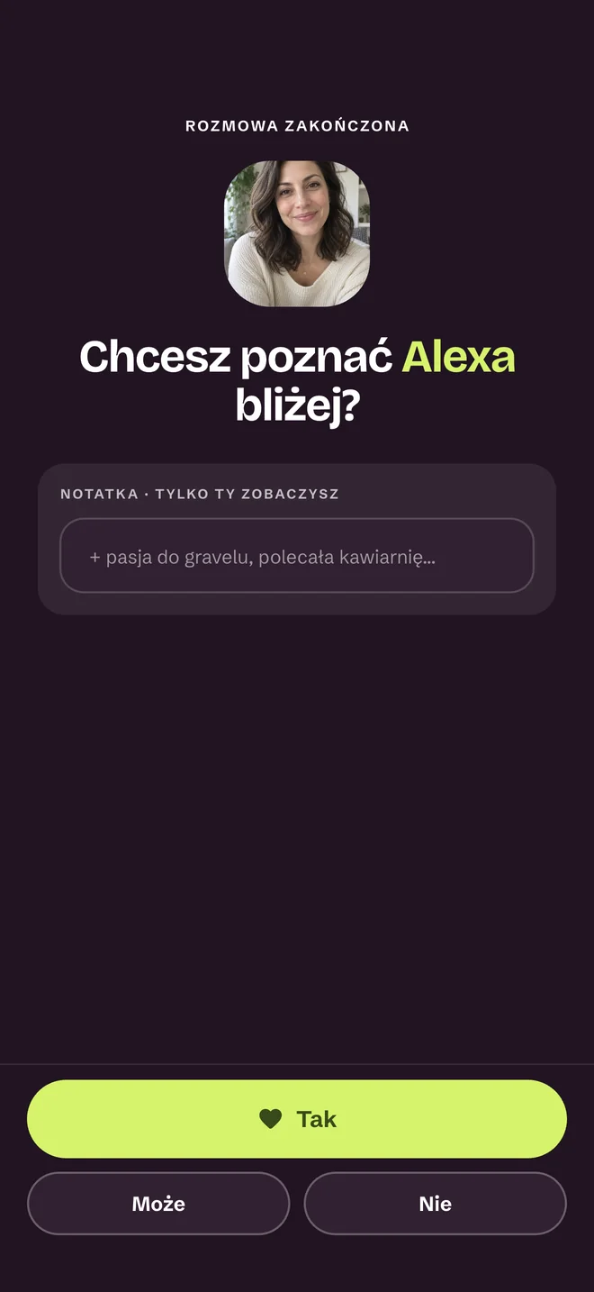 Ekran oceny po rozmowie — Tak, Może, Nie