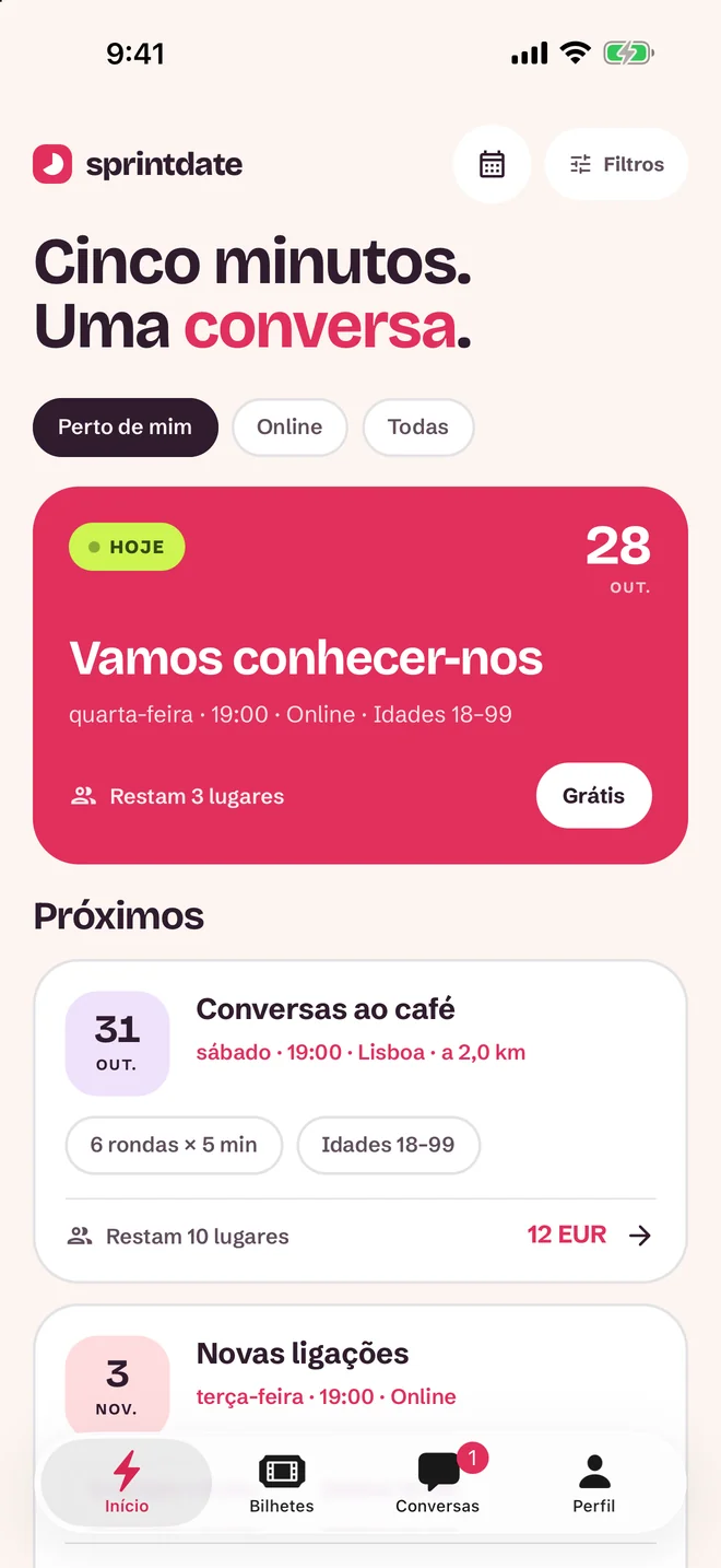 Ecrã de escolha do evento