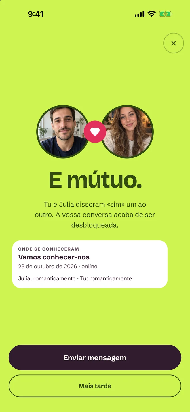 Ecrã «Há correspondência!» na aplicação SprintDate