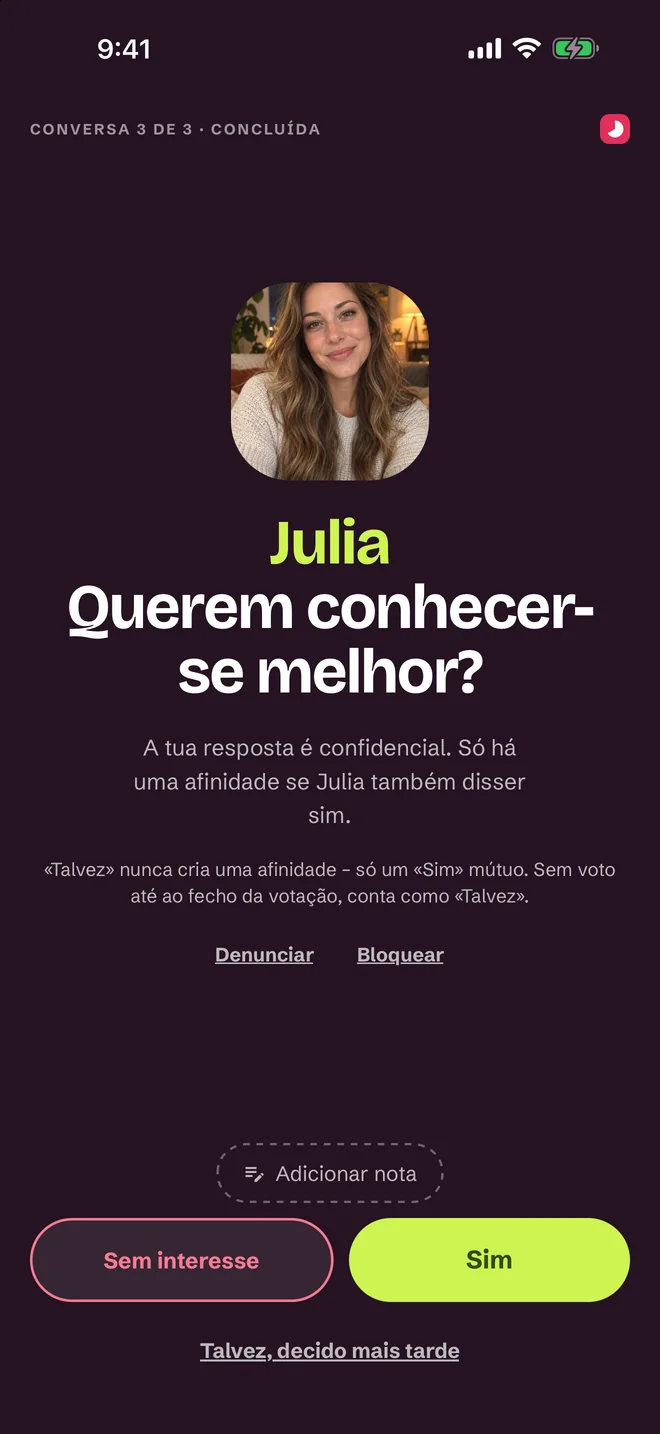 Ecrã de avaliação após a conversa — Sim, Talvez, Não
