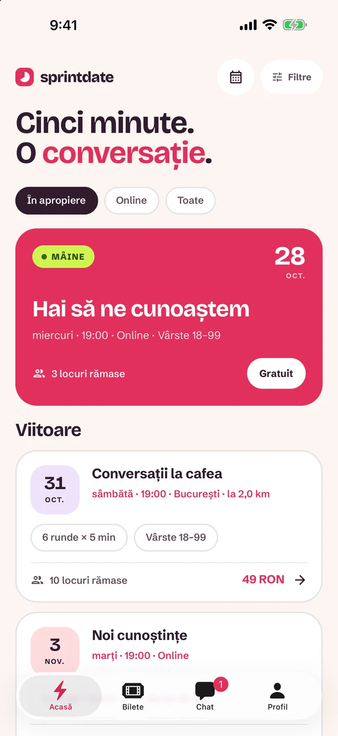 Ecran de selectare a evenimentului