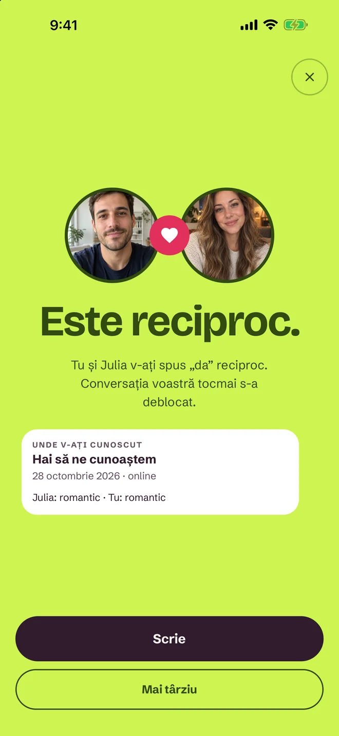 Ecranul „V-ați potrivit!” în aplicația SprintDate