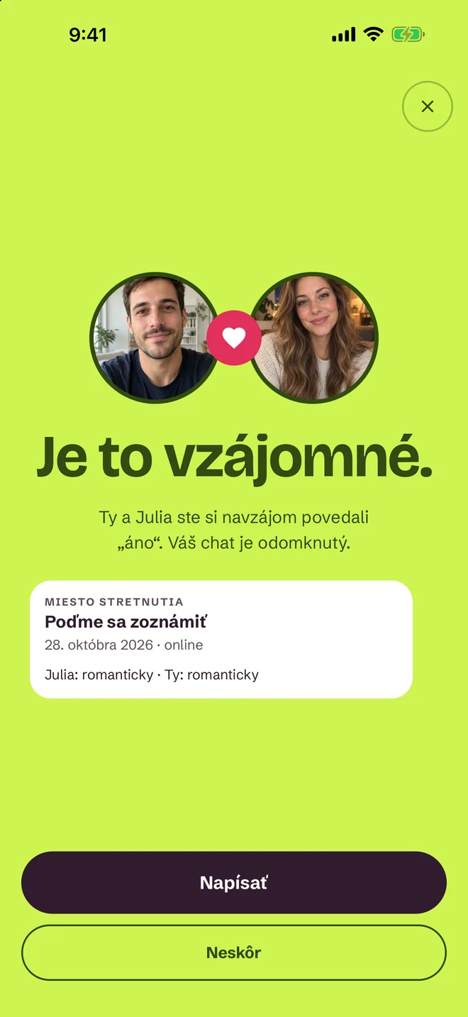 Obrazovka „Máte zhodu!“ v aplikácii SprintDate