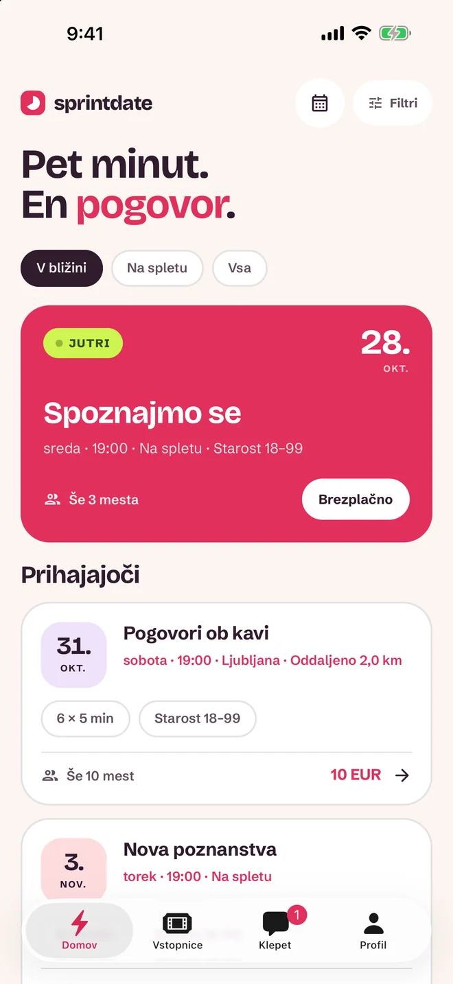 Zaslon za izbiro dogodka