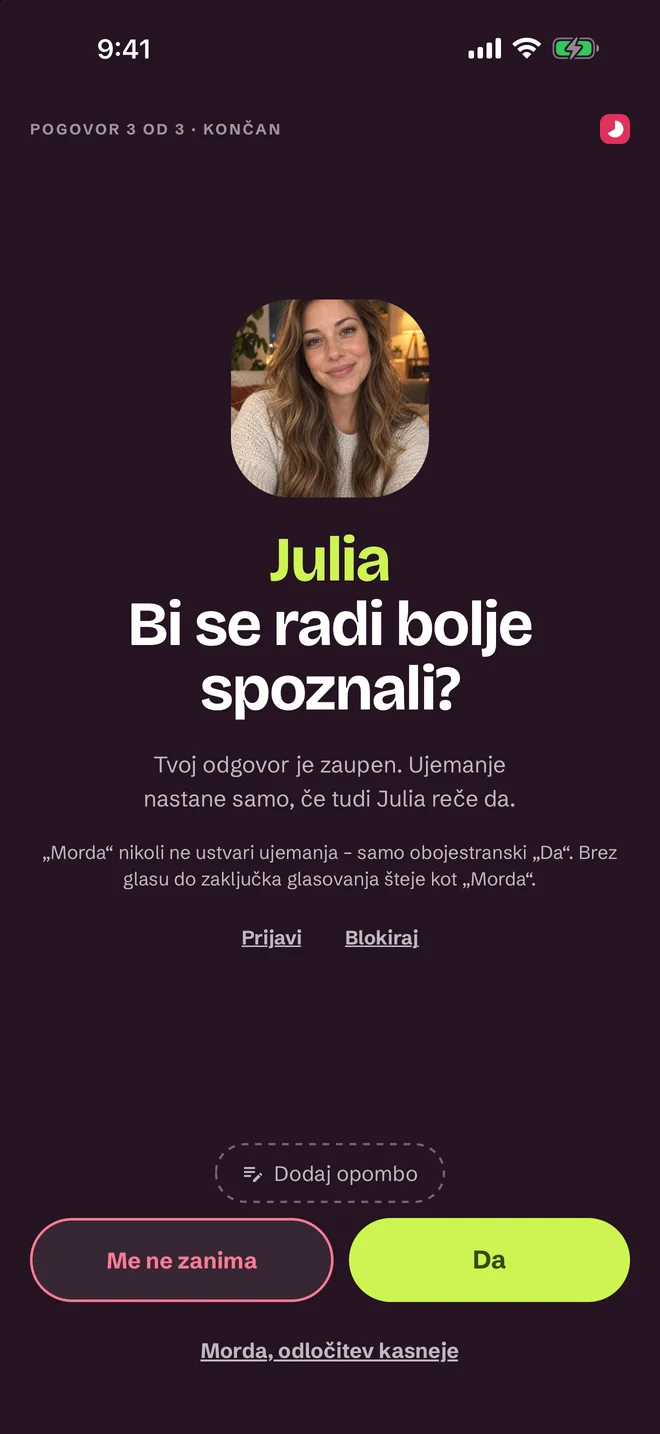 Zaslon odločitve po pogovoru — Da, Morda, Ne