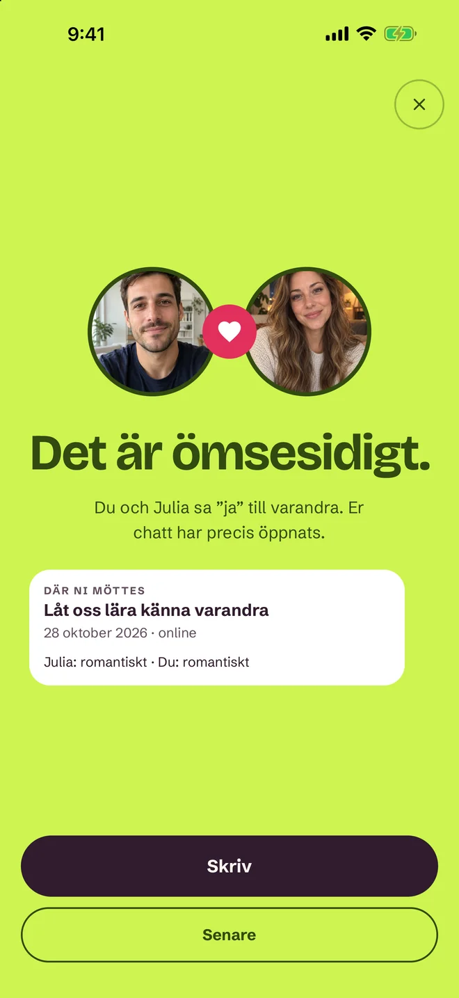 Skärmen »Ni matchar!« i SprintDate-appen