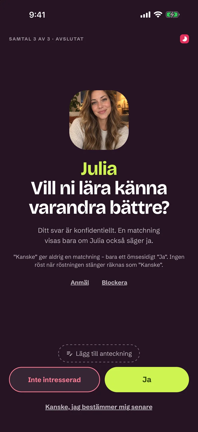 Bedömningsskärm efter samtalet — Ja, Kanske, Nej